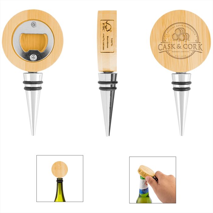 HH75088 Bamboo Wine Stopper With Bottle Opener And Custom Imprint